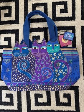 Whimsical Triple Cat Tote Bag - Blue & Purple